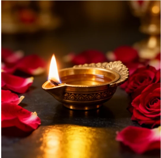 Diya with rose petals