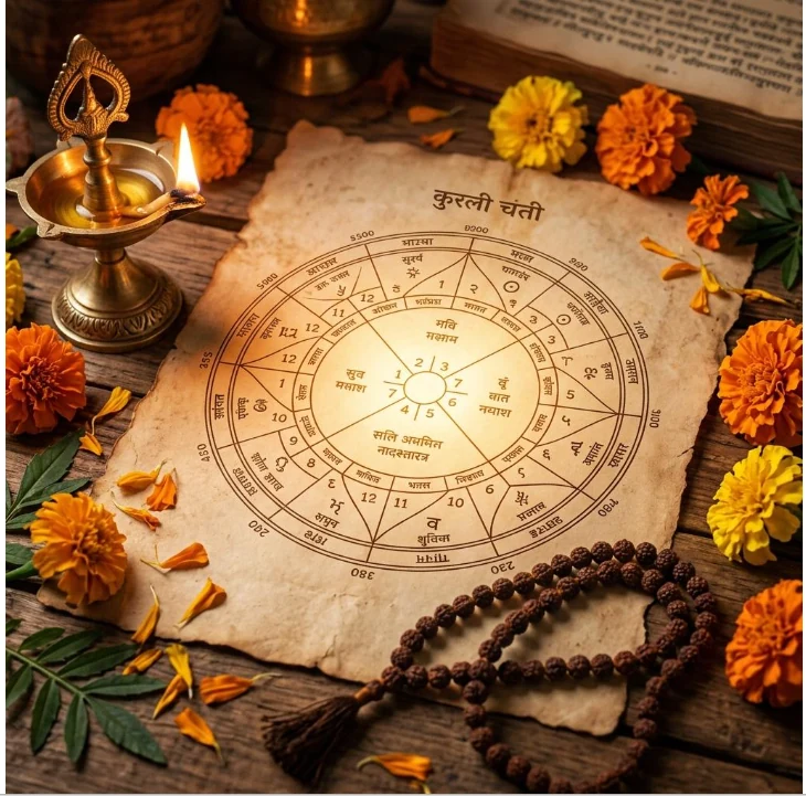 Kundli scroll with diya and rudraksha mala