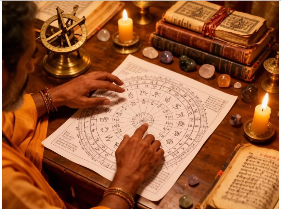 Astrologer reading a Kundli chart