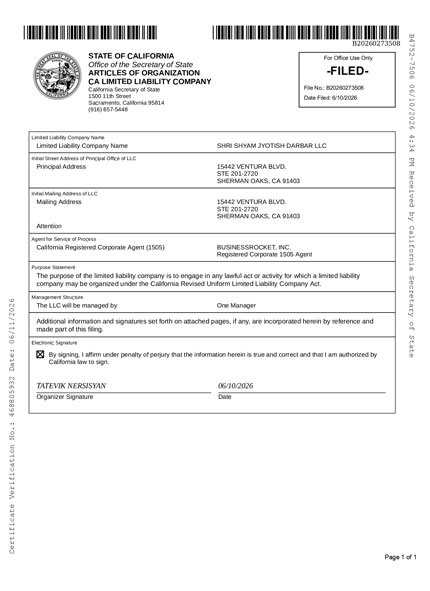 Articles of Organization of Shri Shyam Jyotish Darbar LLC, filed with the California Secretary of State