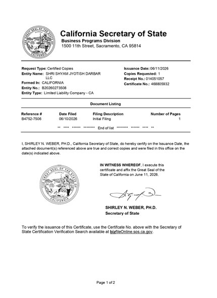 Certificate from the California Secretary of State for Shri Shyam Jyotish Darbar LLC